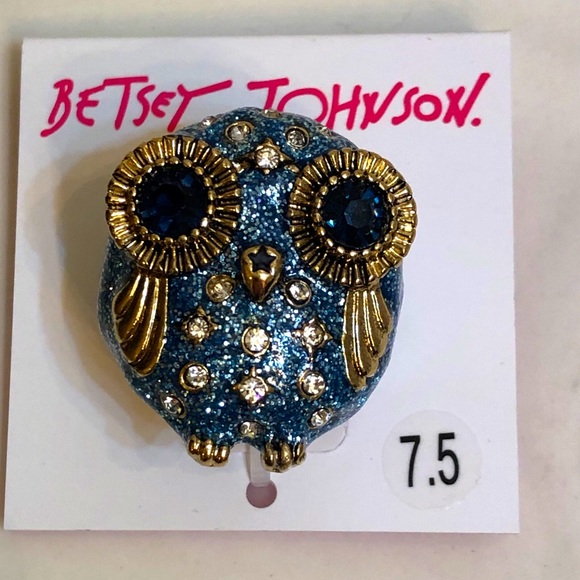 Betsey Johnson Gold Tone Blue Enamel Glitter Owl Stretchy Ring Size 7.5 NWT - Picture 4 of 10